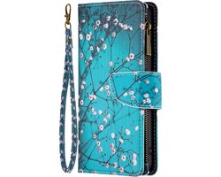 Telefoonhoesje geschikt voor Samsung Galaxy A14 - Portemonnee met rits - book-case hoesje - ruimte voor 9 pasjes - blauw bloemen