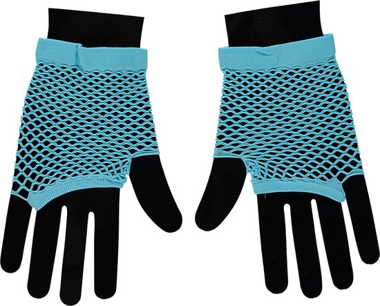 Apollo - Visnet handschoenen - Korte handschoenen - Turquoise - One Size - Kanten handschoenen - Neon verkleedkleding - Feestkleding - Carnaval