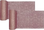Santex Kerstdiner glitter tafelloper smal op rol - 2x - rose goud - 18 x 500 cm - polyester