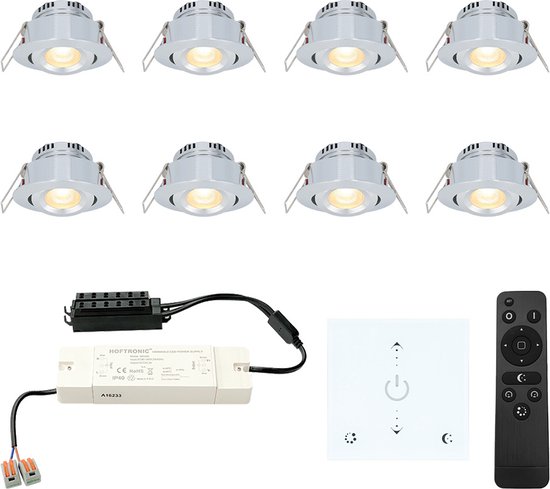 LED inbouwspot set Granada 8x3W dim-/kantelbaar IP44 vochtbestendig incl. Touch muurdimmer en afstandsbediening
