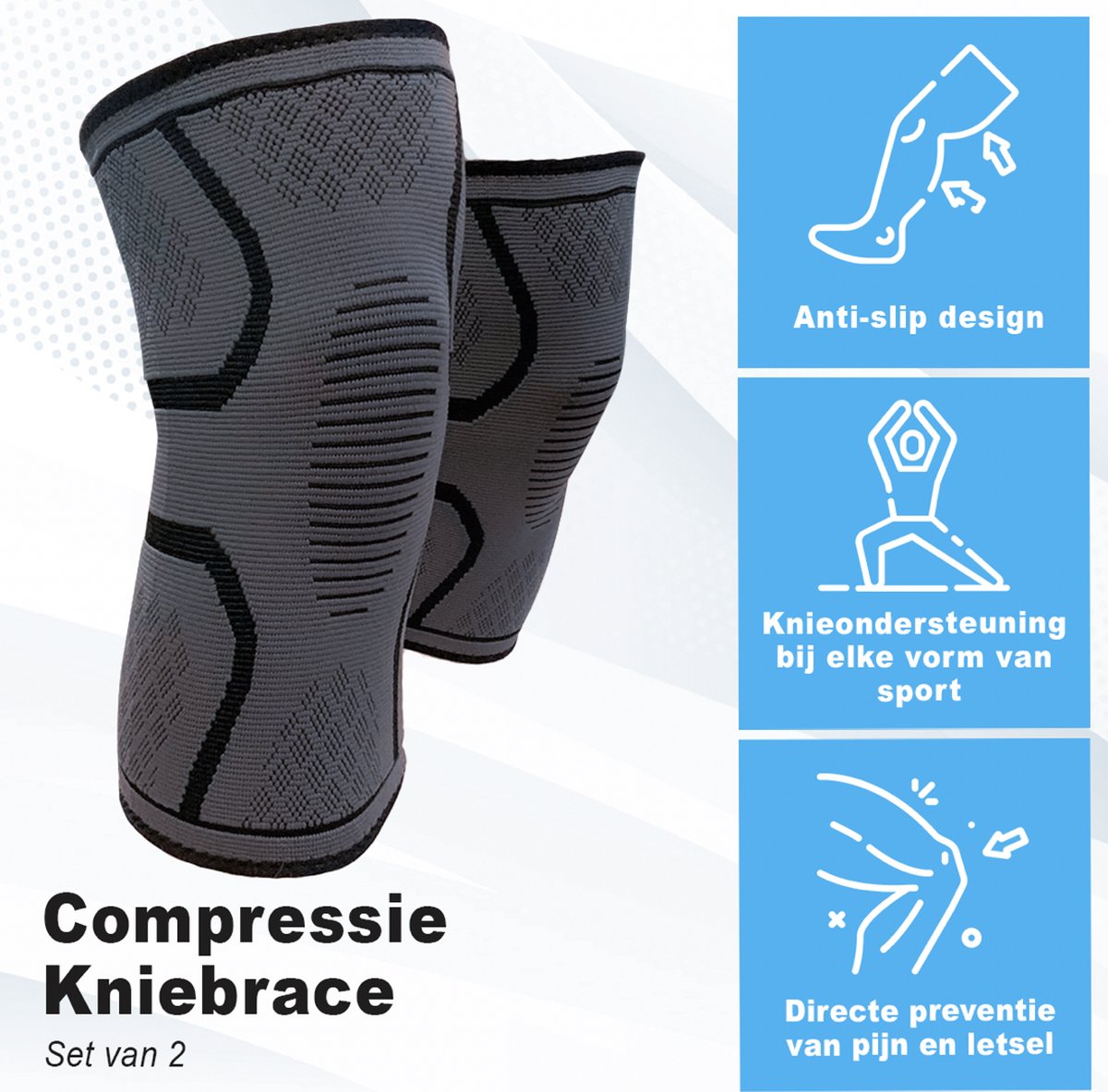 Revasupply™ - Kniebraces - 2 Stuks - Maat XL - Knie bandage - Knie sleeve - Knie compressie - Blessures - Sport - Unisex - Zwart/grijs - 47-50 cm - Inclusief E-book