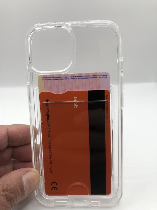 Transparante telefoonhoes met oranje pinpas en tekst 'Houd uw pincode geheim'.