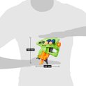 Groene Nerf NanoFire blaster met oranje accenten. 165 mm hoog, 146 mm breed.