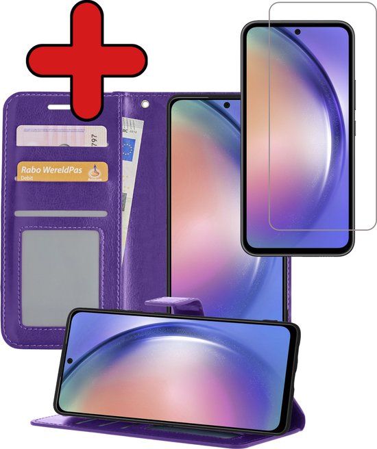 Hoesje Geschikt voor Samsung A54 Hoesje Book Case Hoes Portemonnee Cover Walletcase Met Screenprotector - Hoes Geschikt voor Samsung Galaxy A54 Hoes Bookcase Hoesje - Paars