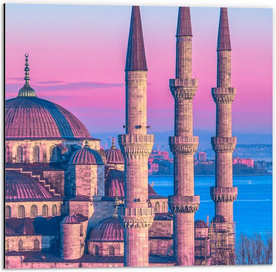 Dibond - Sultan Ahmetmoskee in Istanbul met Roze Blauwe Lucht - 50x50 cm Foto op Aluminium (Met Ophangsysteem)