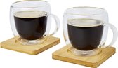 Seasons dubbelwandige koffieglazen 250 ml - set van 2x stuks - met bamboe onderzetters - Espresso glazen