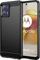 Motorola Moto G73 Hoesje - MobyDefend TPU Gelcase - Geborsteld Metaal + Carbonlook - Zwart - GSM Hoesje - Telefoonhoesje Geschikt Voor Motorola Moto G73