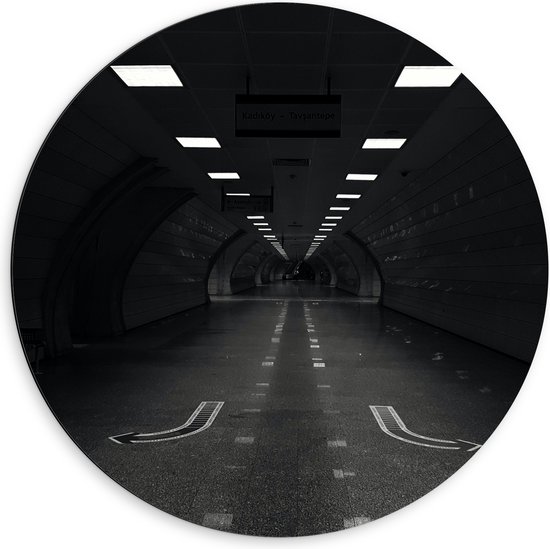 Dibond Muurcirkel - Tunnel - Zwart Wit - 60x60 cm Foto op Aluminium Muurcirkel (met ophangsysteem)