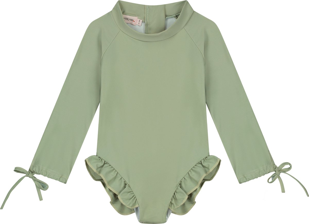 Supercute badpak UV-Zwempak - UPF50+ lichtgroen met lange mouwen, ruffels en drukknoop sluiting maat 92