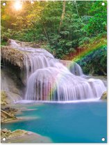 Tuinposter waterval - Regenboog - Zon - Natuur - Bomen - Tuindecoratie - Tuin - Tuinschilderij voor buiten - Schutting decoratie - 60x80 cm - Tuindoek - Schuttingdoek