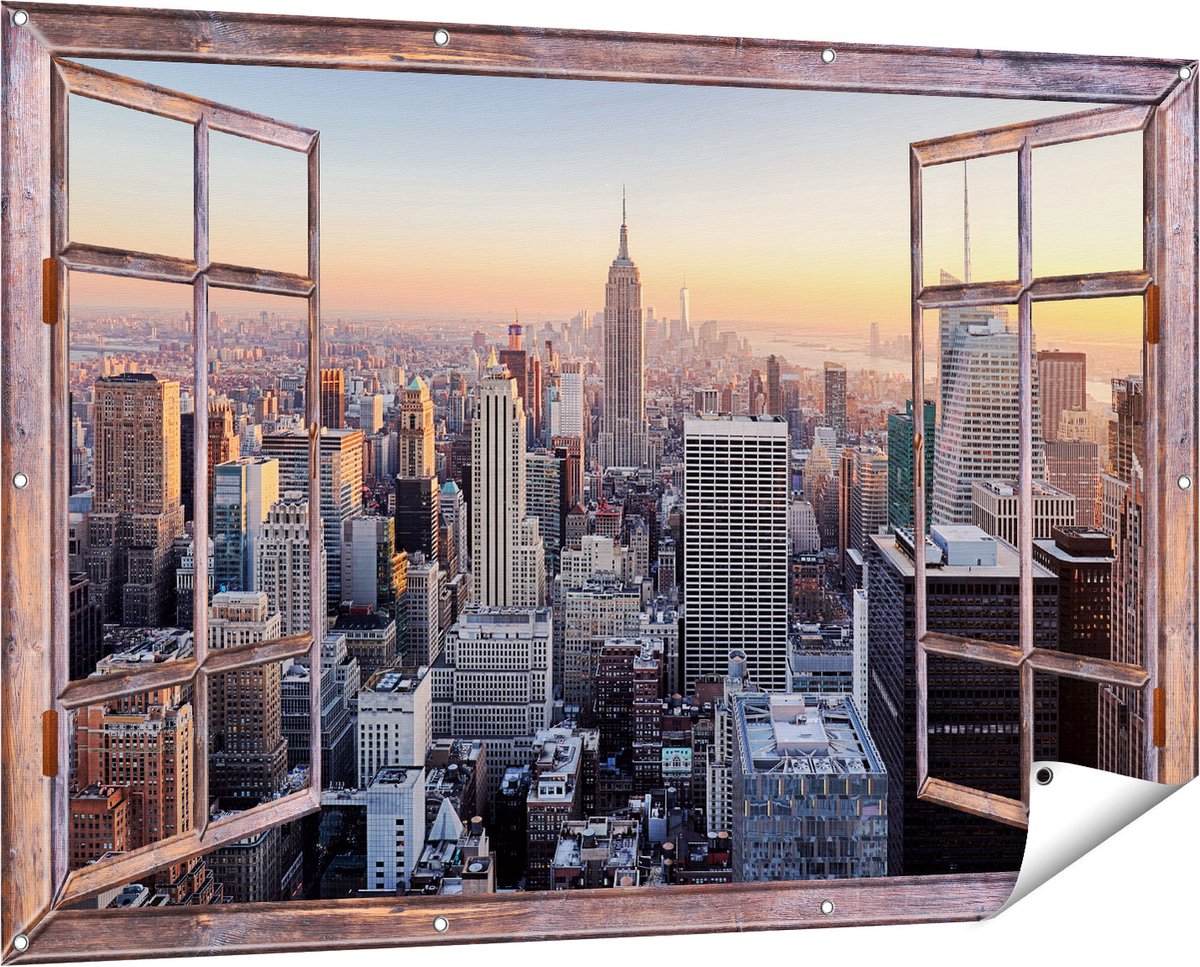 Gards Tuinposter Doorkijk New York Skyline met Wolkenkrabbers - 150x100 cm - Tuindoek - Tuindecoratie - Wanddecoratie buiten - Tuinschilderij Bruin