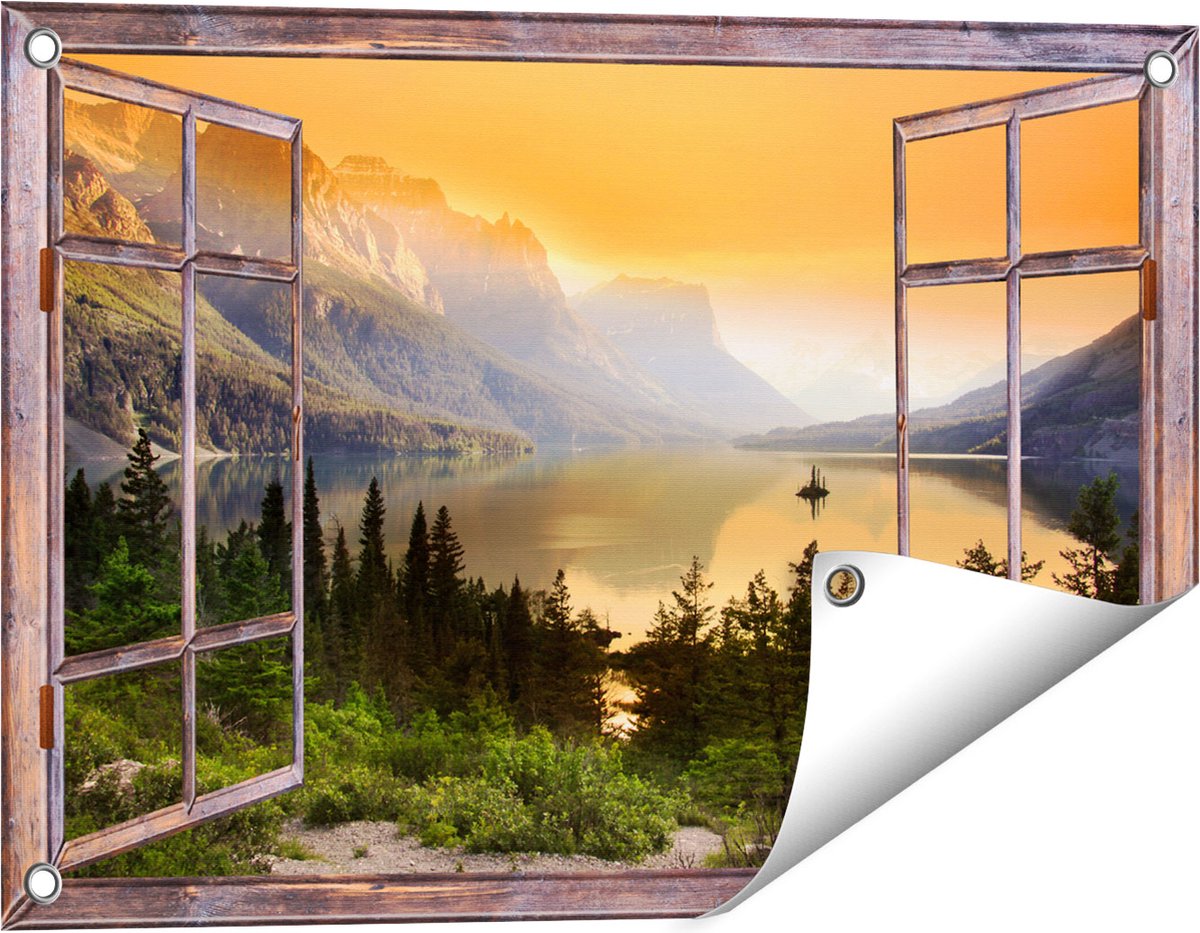 Gards Tuinposter Doorkijk Bergen met een Meer in Nationaal Park Glacier - 60x40 cm - Tuindoek - Tuindecoratie - Wanddecoratie buiten - Tuinschilderij bruin