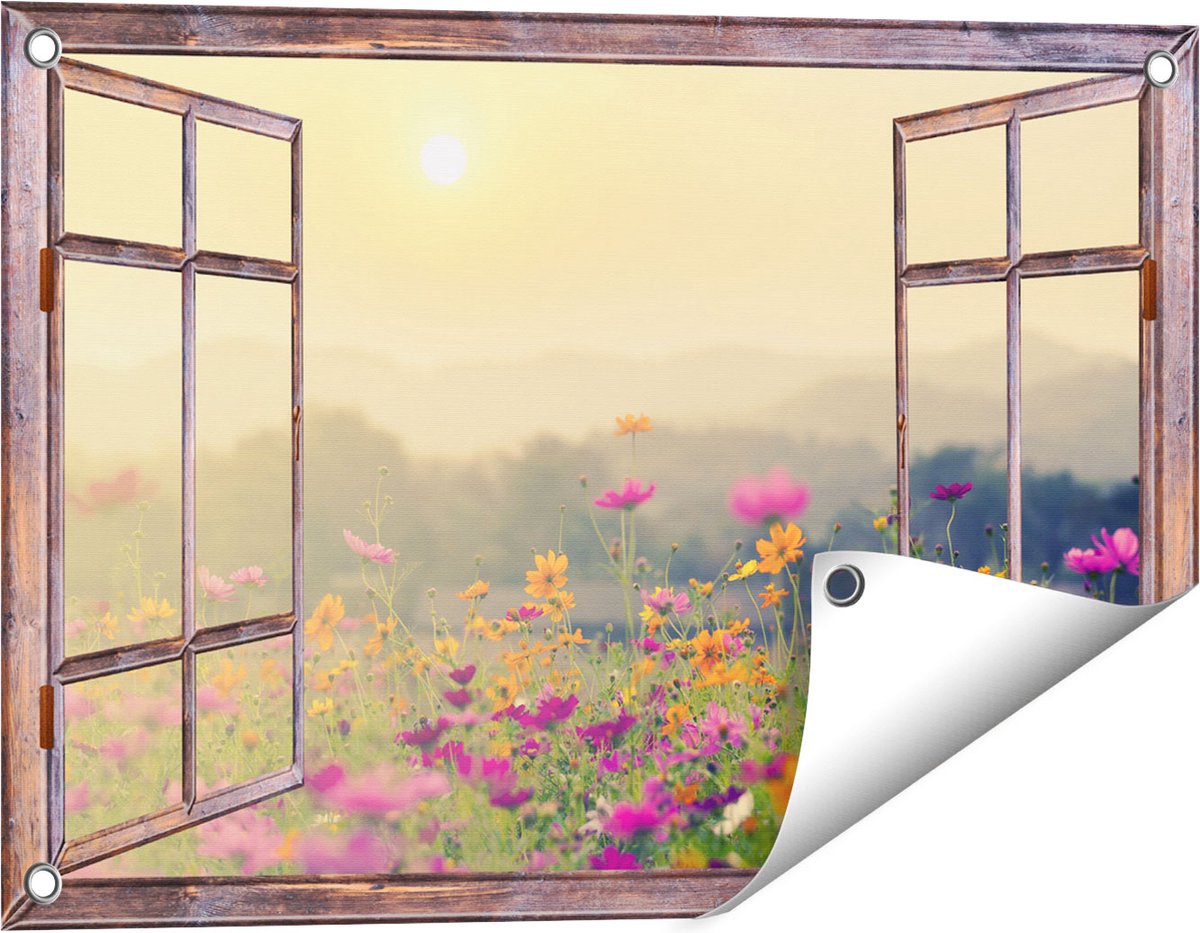 Gards Tuinposter Doorkijk Bloemenveld met Kosmos - Zonsondergang - 60x40 cm - Tuindoek - Tuindecoratie - Wanddecoratie buiten - Tuinschilderij