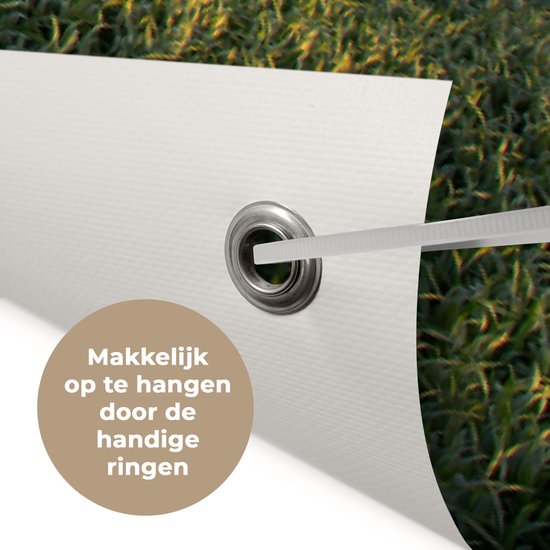 Tuinposter 180x120 cm - Tuindecoratie Bloemen - Weg - Lucht - Geel - Paars - Zonsondergang - Natuur - Poster voor in de tuin - Buiten decoratie - Schutting tuinschilderij - Tuindoek muurdecoratie - Wanddecoratie balkondoek
