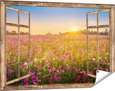 Gards Tuinposter Doorkijk Bloemenveld met Roze Kosmos - 120x80 cm - Tuindoek - Tuindecoratie - Wanddecoratie buiten - Tuinschilderij