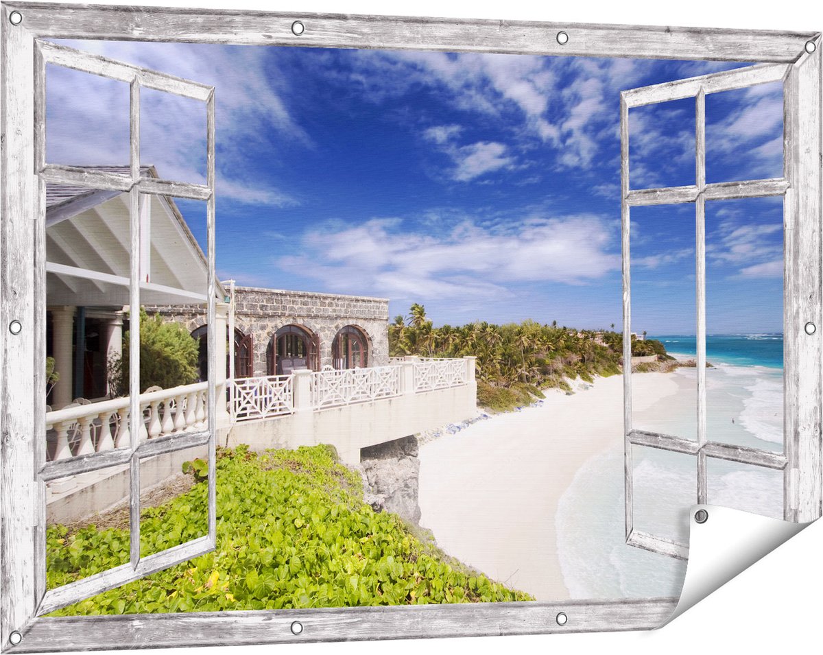 Gards Tuinposter Doorkijk Het Strandhuis - 120x80 cm - Tuindoek - Tuindecoratie - Wanddecoratie buiten - Tuinschilderij Grijs