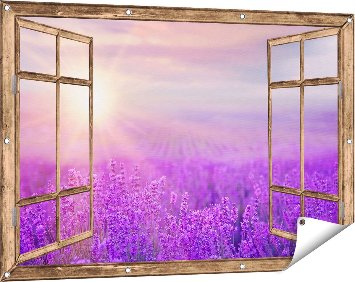 Gards Tuinposter Doorkijk Bloemenveld met Paarse Lavendel - 120x80 cm - Tuindoek - Tuindecoratie - Wanddecoratie buiten - Tuinschilderij Licht bruin