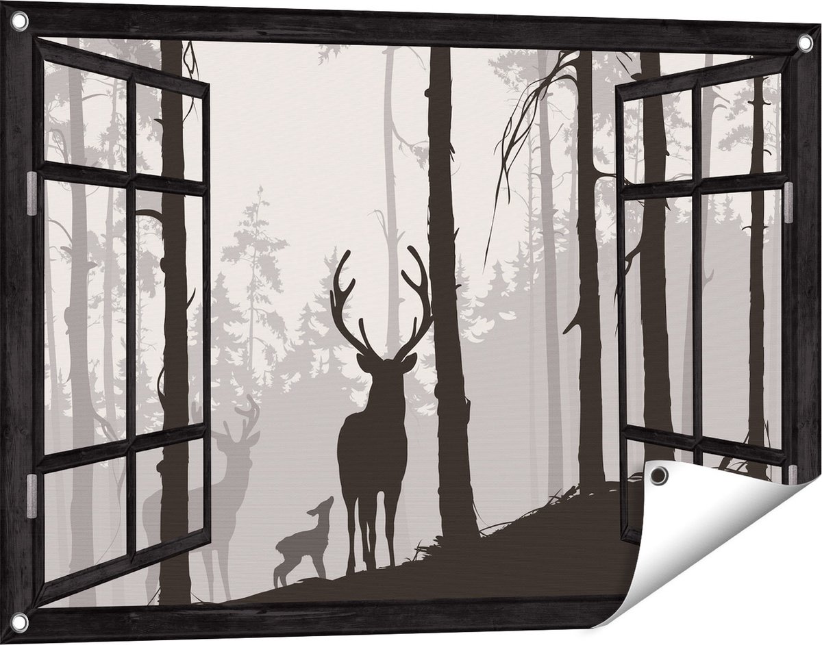 Gards Tuinposter Doorkijk Herten in het Bos - Silhouet - 90x60 cm - Tuindoek - Tuindecoratie - Wanddecoratie buiten - Tuinschilderij Zwart