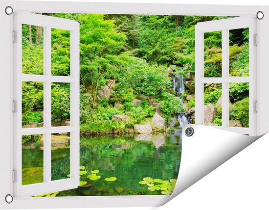 Gards Tuinposter Doorkijk Panorama van Japanse Tuin - 60x40 cm - Tuindoek - Tuindecoratie - Wanddecoratie buiten - Tuinschilderij