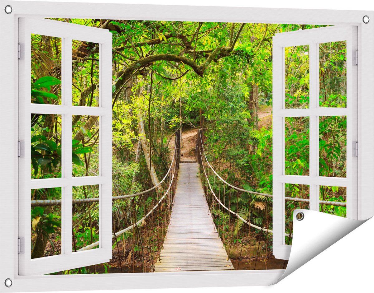Gards Tuinposter Doorkijk Hangbrug - 90x60 cm - Tuindoek - Tuindecoratie - Wanddecoratie buiten - Tuinschilderij wit