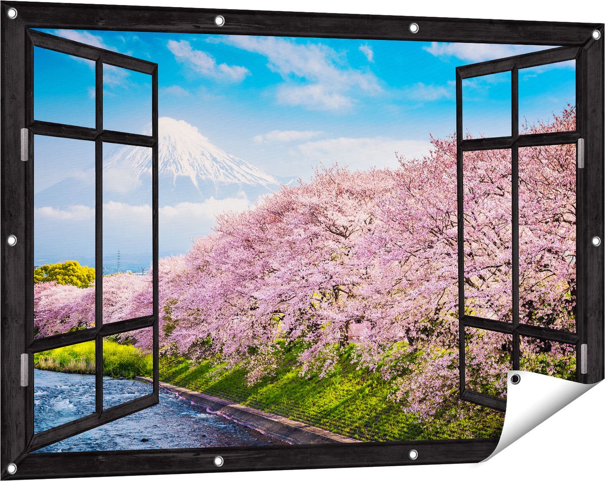 Gards Tuinposter Doorkijk Roze Bloesembomen bij de Fuji Berg - 120x80 cm - Tuindoek - Tuindecoratie - Wanddecoratie buiten - Tuinschilderij