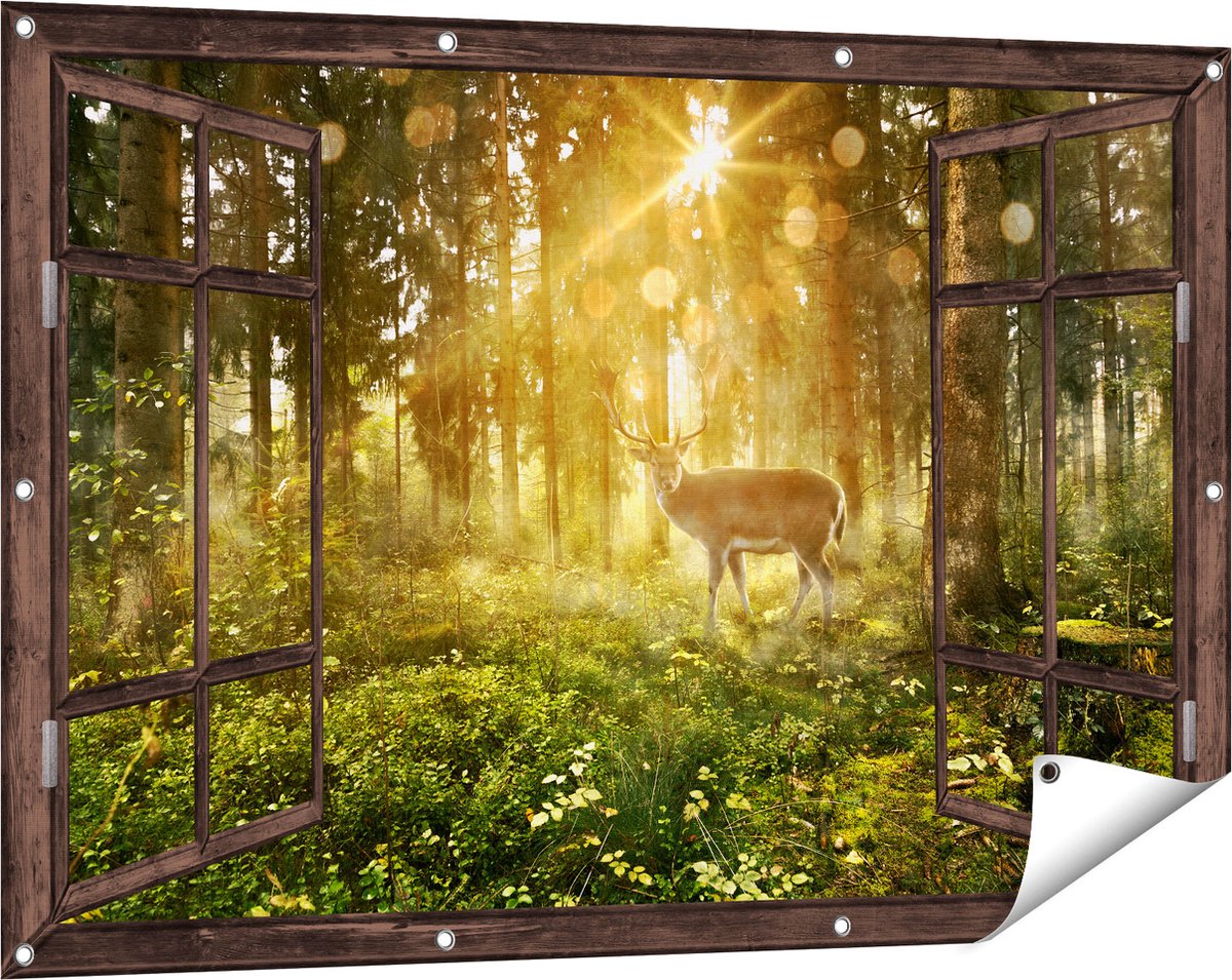 Gards Tuinposter Doorkijk Hert in Bos met Zon - 120x80 cm - Tuindoek - Tuindecoratie - Wanddecoratie buiten - Tuinschilderij donker bruin