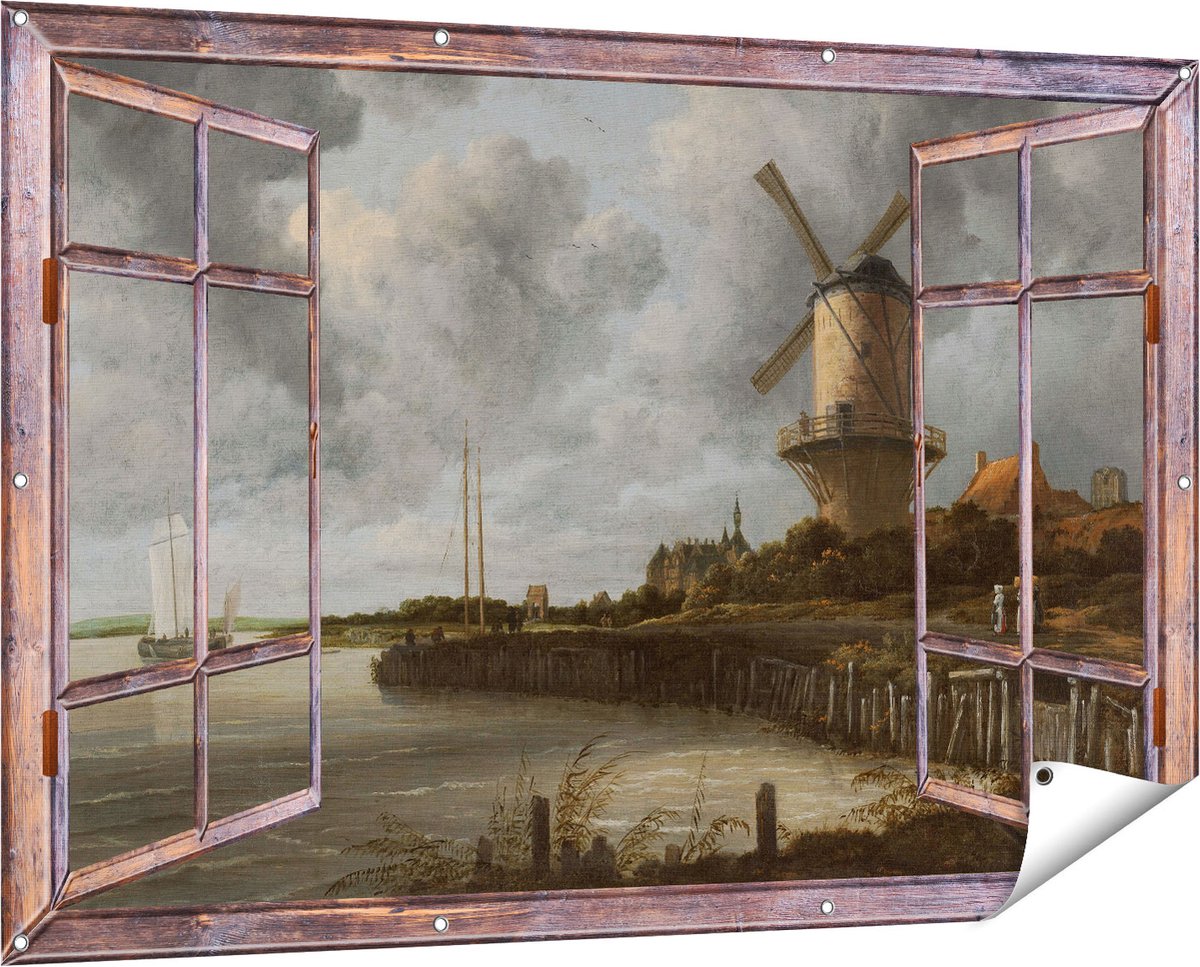 Gards Tuinposter Doorkijk De Molen bij Wijk bij Duurstede - Jacob van Ruisdael - 150x100 cm - Tuindoek - Tuindecoratie - Wanddecoratie buiten - Tuinschilderij bruin