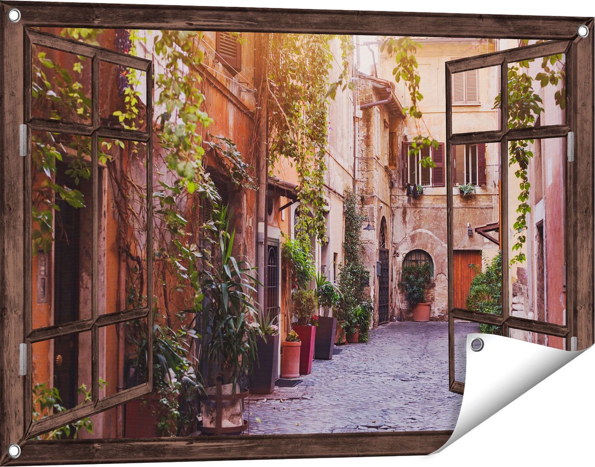 Gards Tuinposter Doorkijk Straatje in Rome met Groene Planten - 90x60 cm - Tuindoek - Tuindecoratie - Wanddecoratie buiten - Tuinschilderij