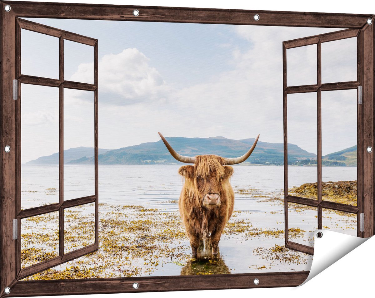 Gards Tuinposter Doorkijk Voetpad naar Strand en Zee - 120x80 cm - Tuindoek - Tuindecoratie - Wanddecoratie buiten - Tuinschilderij donker bruin