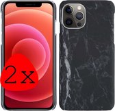 Hoes Geschikt voor iPhone 11 Pro Max Hoesje Marmer Case Marmeren Cover Hoes Hardcover - Zwart - 2 Stuks