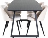 IncaBLBL eethoek eetkamertafel uitschuifbare tafel lengte cm 160 / 200 zwart en 4 Velvet eetkamerstal velours beige, zwart.