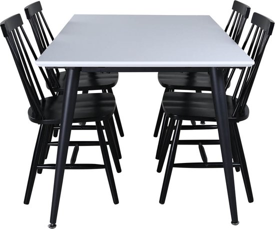 Jimmy150 eethoek eetkamertafel uitschuifbare tafel lengte cm 150 / 240 wit en 4 Lönneberga eetkamerstal zwart.