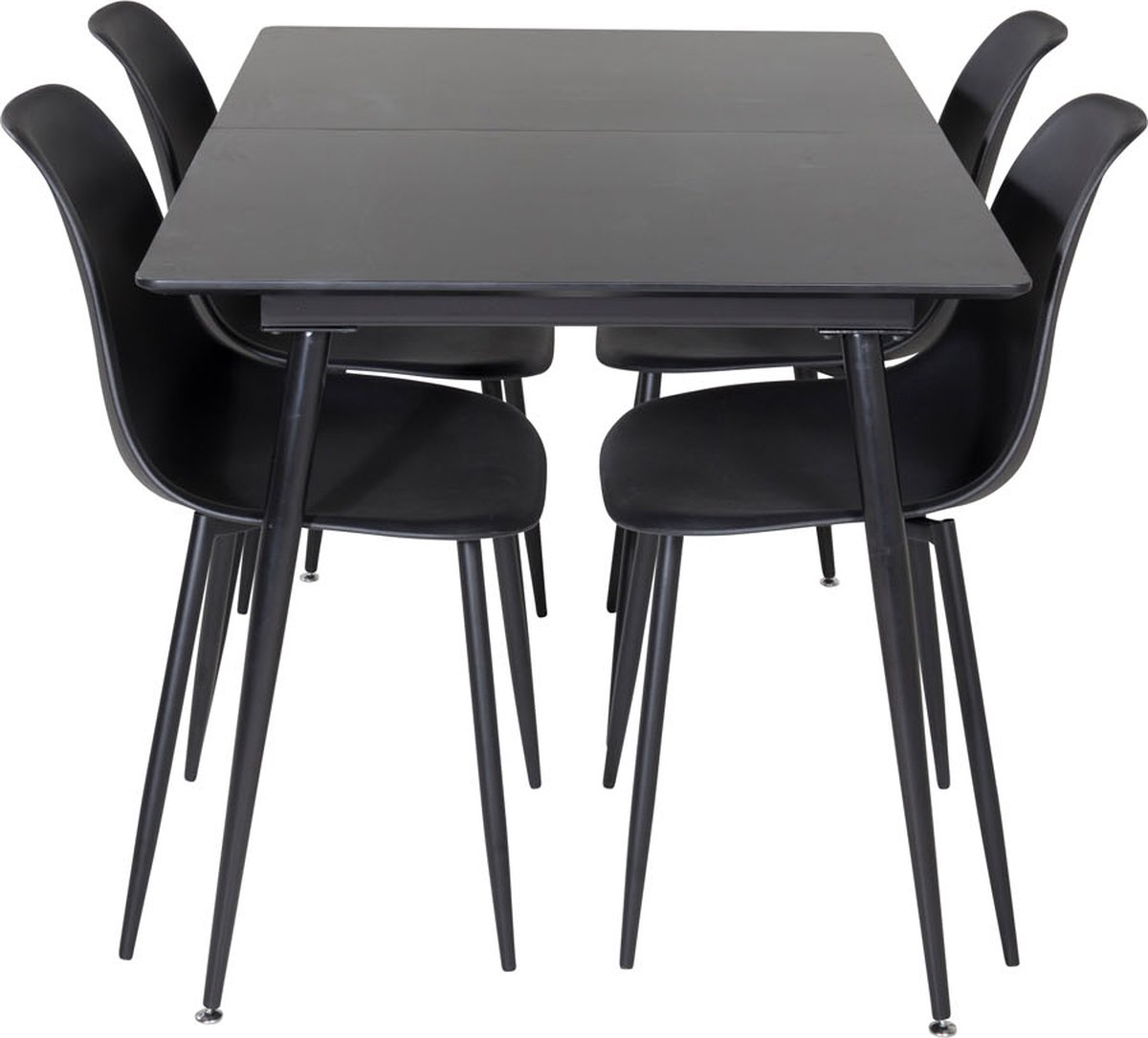 SilarBLExt eethoek eetkamertafel uitschuifbare tafel lengte cm 120 / 160 zwart en 4 Polar eetkamerstal zwart.