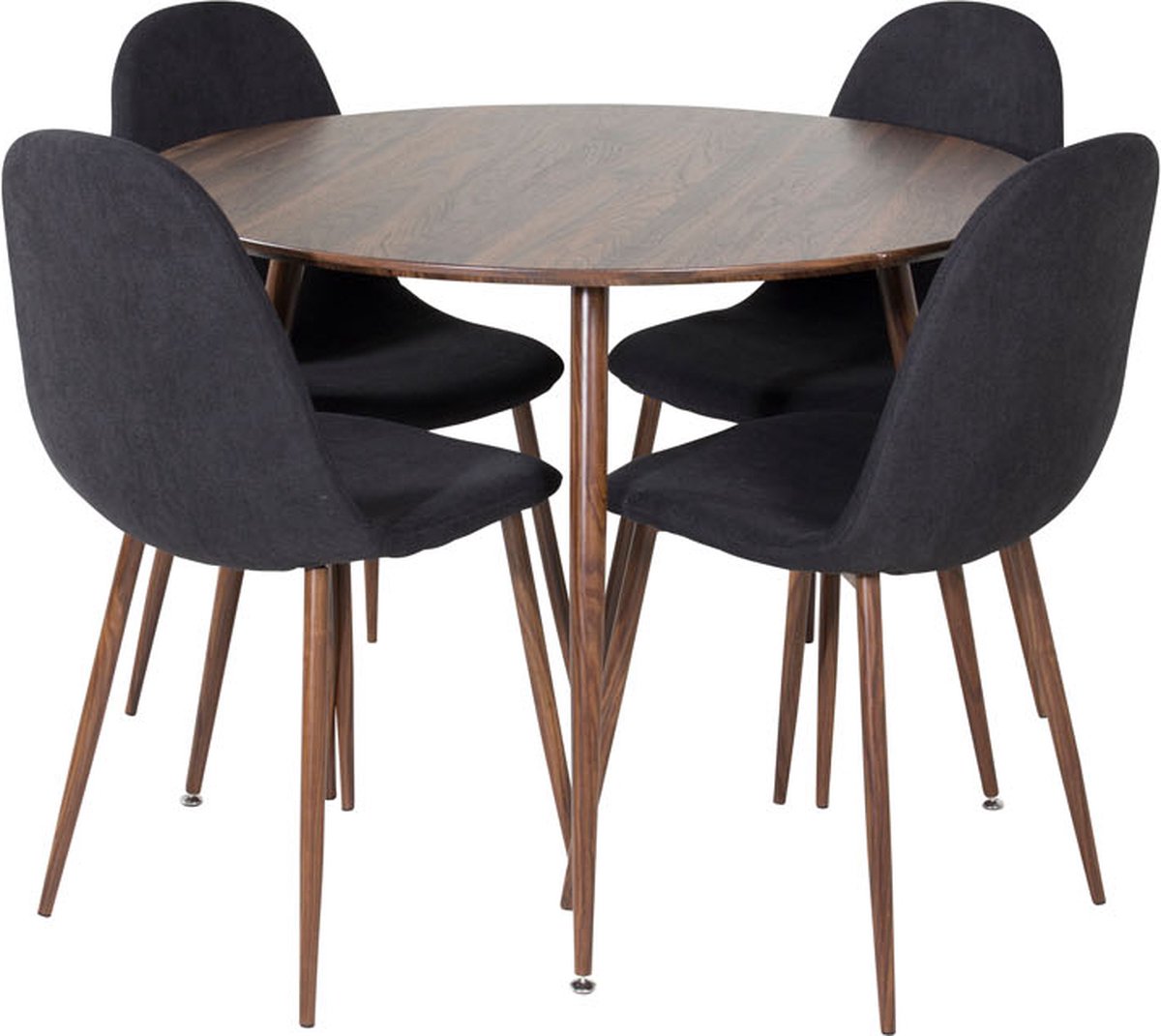 PlazaWA100 eethoek eetkamertafel Okkernoot decor en 4 Polar eetkamerstal zwart.