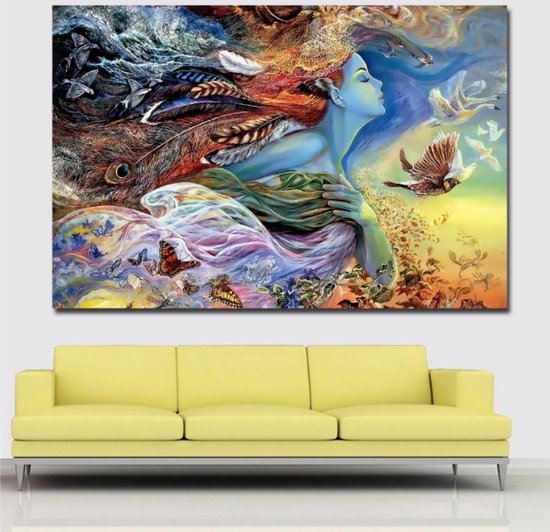 Canvas Schilderij * Mooi Meisje met Vlinders en Vogels * - Kunst aan je Muur - Romantisch - Kleur - 70 x 105 cm