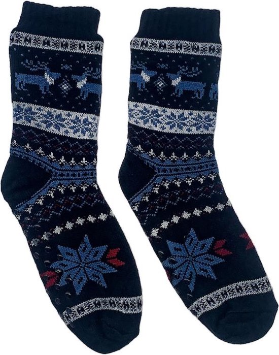 Merino Wollen Sokken Heren - Donkerblauw met Rendier - Maat 39/42 - Huissokken - Anti slip sokken - Warme sokken - Winter sokken