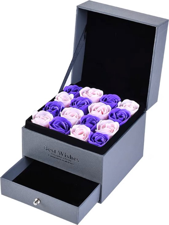 Sieradendoos met rozen - Juwelendoos - Sieradenopberger - Flowerbox - Verjaardag cadeau - Valentijnsdag cadeau - Cadeau - Voor dames - Kunstbloem - 16 Rozen - Rozen met geur - Paars