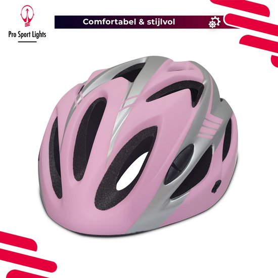 Roze en zilveren fietshelm met ventilatieopeningen en reflecterende strepen.