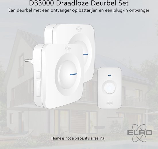 ELRO DB3000 Draadloze Deurbel Set – met 1x Ontvanger op batterij + 1x Plug-in Ontvanger - Bereik 300 meter - IP65 Waterdicht - 64 Melodieën - Wit - ELRO