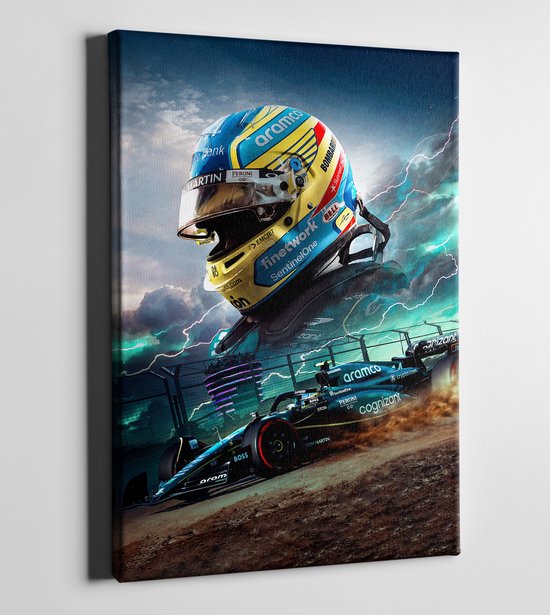 2023 Fernando Alonso Formule 1 Luxe Canvas Schilderij - Inclusief Ophangsysteem - Formaat 70x50 cm