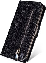 Glitter Bookcase Hoesje Geschikt voor: Samsung Galaxy S10 Lite 2020 met rits - hoesje - portemonneehoesje - Zwart - ZT Accessoires