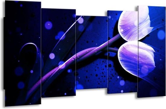 GroepArt - Canvas Schilderij - Tulp - Blauw, Paars, Wit - 150x80cm 5Luik- Groot Collectie Schilderijen Op Canvas En Wanddecoraties