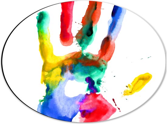 Dibond Ovaal - Kleurrijke Handafdruk tegen Witte Achtergrond - 40x30 cm Foto op Ovaal (Met Ophangsysteem)