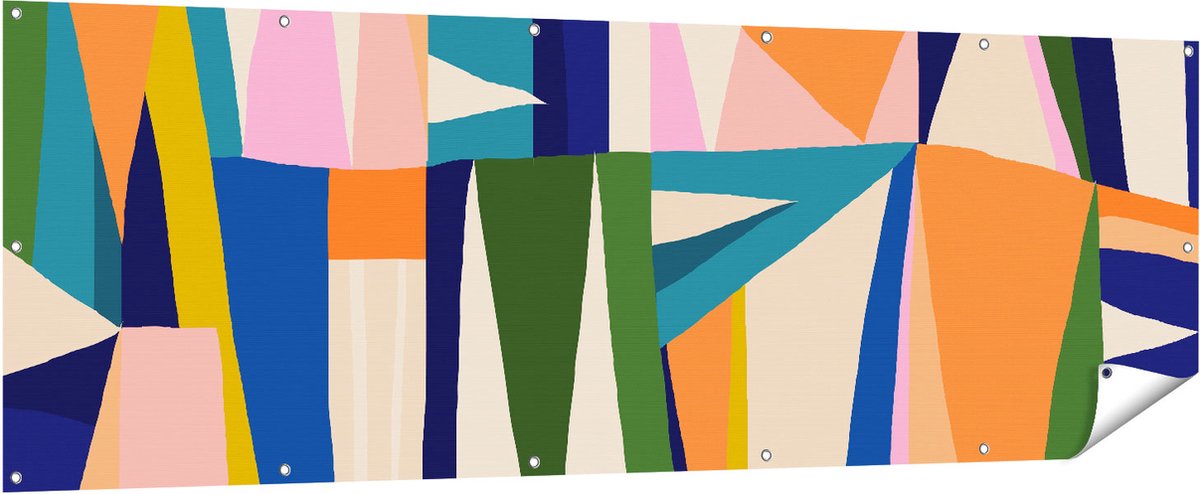 Gards Tuinposter Abstracte Kleurrijke Kunst - Driehoeken - 210x70 cm - Tuindoek - Tuindecoratie - Wanddecoratie buiten - Tuinschilderij Multikleur