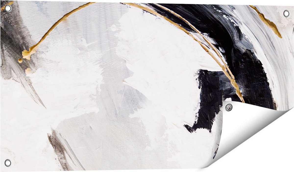 Gards Tuinposter Abstracte Kunst - Wit met Zwart en Goud - 80x40 cm - Tuindoek - Tuindecoratie - Wanddecoratie buiten - Tuinschilderij Multikleur
