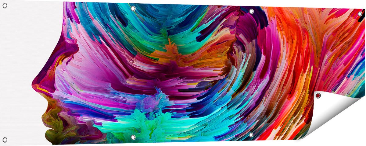 Gards Tuinposter Abstracte Kunst van een Gezicht - Hoofd - 150x50 cm - Tuindoek - Tuindecoratie - Wanddecoratie buiten - Tuinschilderij Multikleur