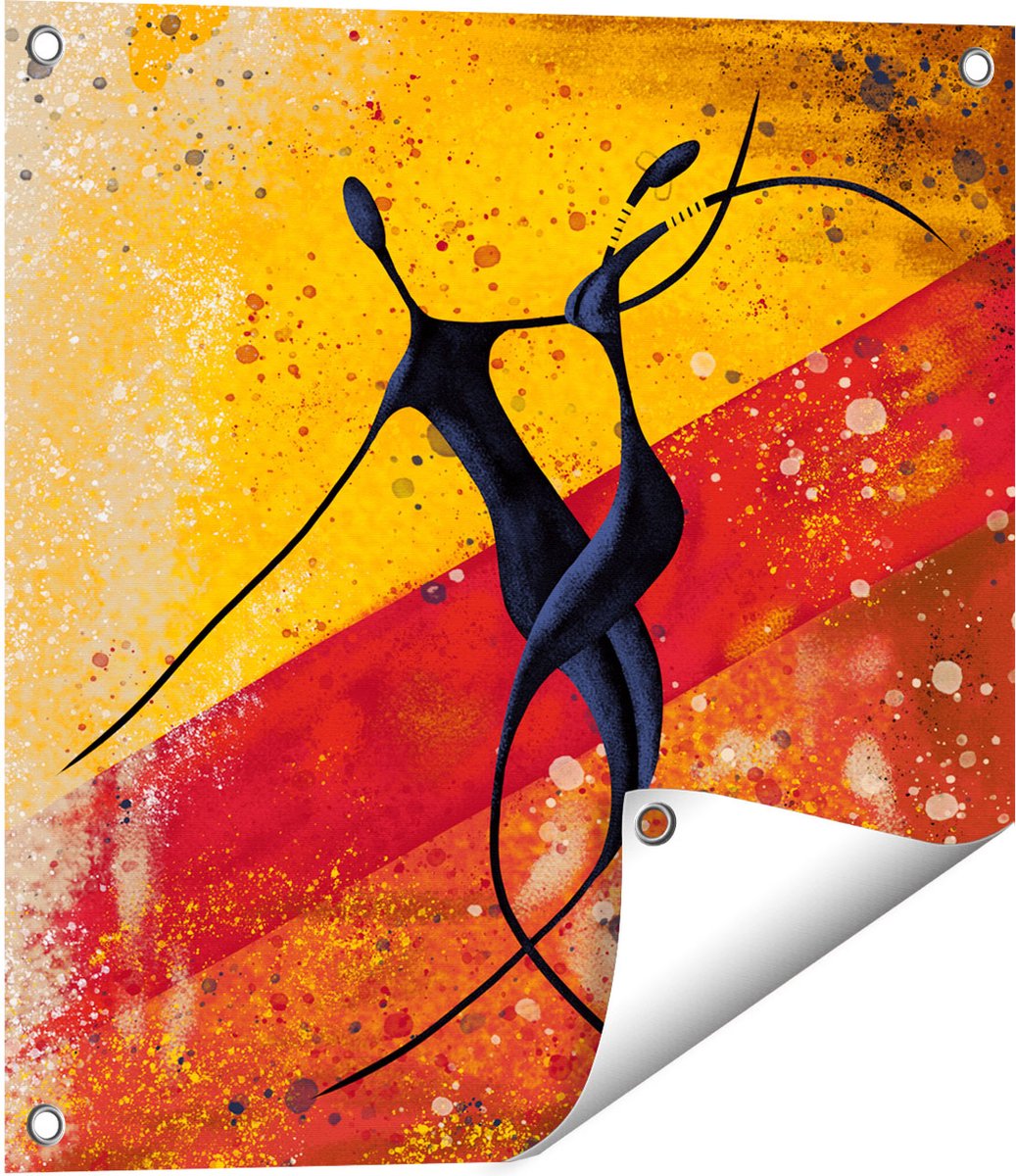 Gards Tuinposter Abstracte Kunst - Dansend Afrikaans Paar - 50x50 cm - Tuindoek - Tuindecoratie - Wanddecoratie buiten - Tuinschilderij Multikleur