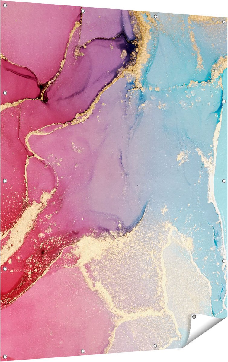 Gards Tuinposter Abstracte Kunst van Marmer - Roze met Blauw - 120x160 cm - Tuindoek - Tuindecoratie - Wanddecoratie buiten - Tuinschilderij Multikleur