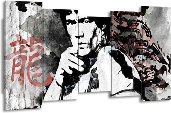 GroepArt - Canvas Schilderij - Bruce Lee, Sport - Zwart, Wit, Rood - 150x80cm 5Luik- Groot Collectie Schilderijen Op Canvas En Wanddecoraties