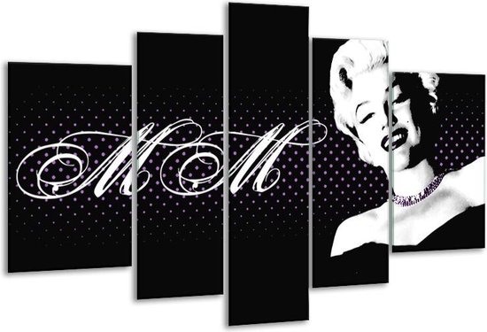 Glasschilderij Marilyn Monroe - Zwart, Wit, Paars - 170x100cm 5Luik - Foto Op Glas - Geen Acrylglas Schilderij - 6000+ Glasschilderijen Collectie - Wanddecoratie